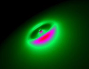 Computersimulation einer sogenannten Trümmerscheibe: das sind Gürtel aus Kometen, Asteroiden und Staub, die einen zentralen Stern umkreisen. (Löhne, AIU/FSU)