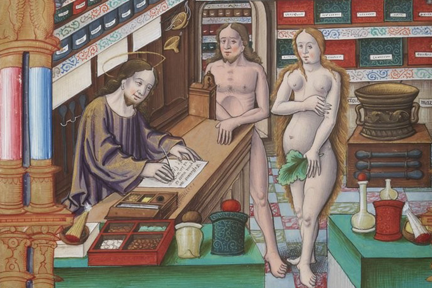 Ein Bild aus dem Mittelalter stellt Christus als Arzt dar, der Adam und Eva mit Medikamenten versorgt.