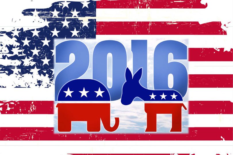 Grafik mit Elefant und Esel vor dem Hintergrund der US-Flagge