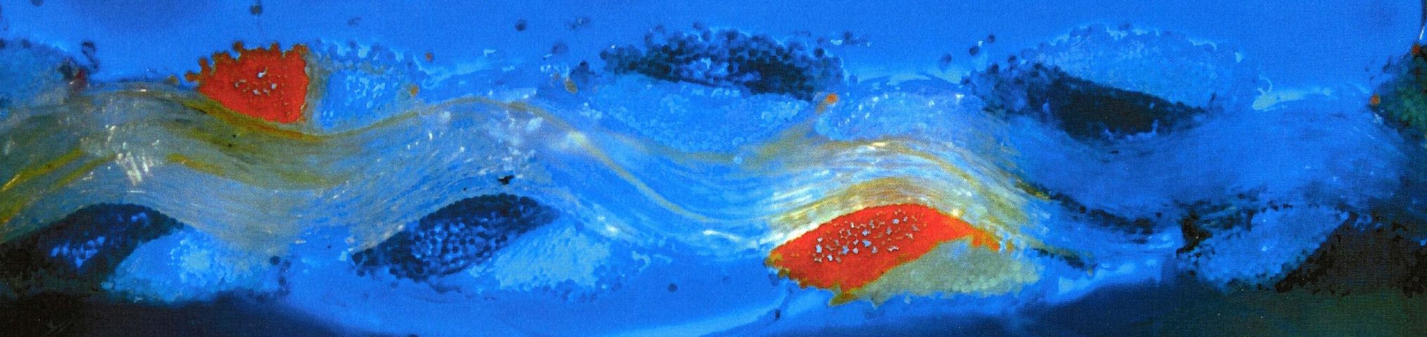 Wellenförmige Struktur auf blauem Grund mit roten Bildpartien.