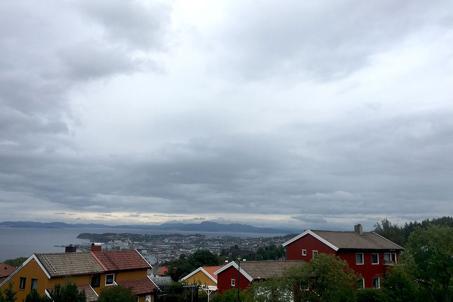 Blick auf Trondheim und den Fjord. Im Vordergrund sind bunte Holzhäuser zu sehen.