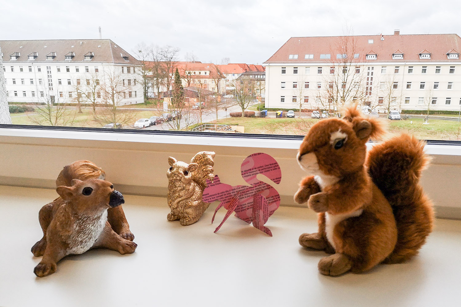 "Ich werde immer glücklich, wenn ich Eichhörnchen beobachte", sagt Glücksforscher Tobias Rahm. Diese Exemplare auf der Fensterbank in seinem Büro, hat er von Besuchern seiner Vorträge geschenkt bekommen. Bildnachweis: Tobias Rahm/TU Braunschweig