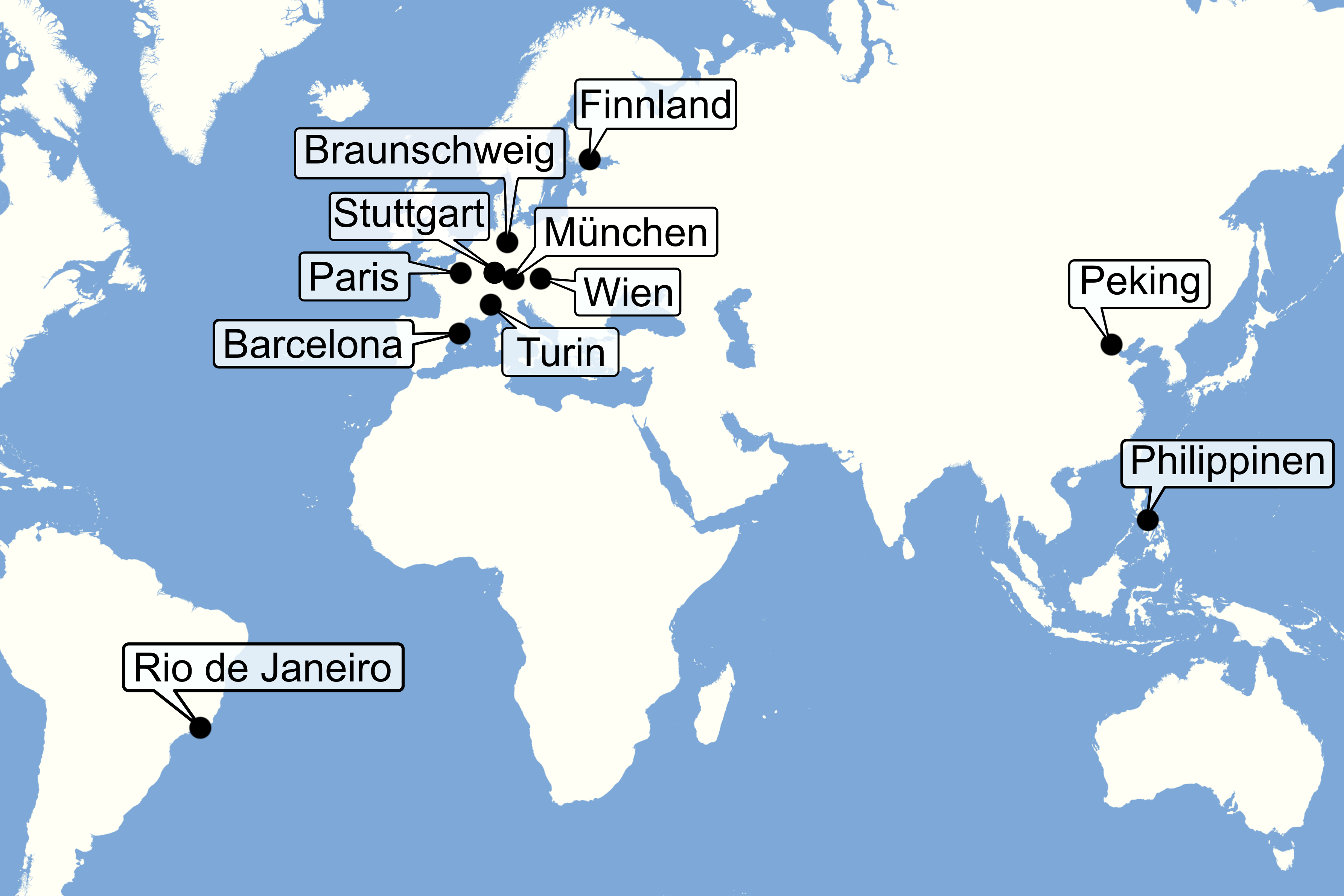 Weltkarte mit den neun Orten, wo 5G-Broadcast getestet wird