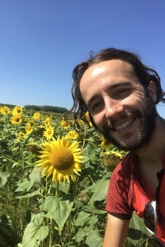 Selfie von Moses Köhler vor einem Feld mit Sonnenblumen.