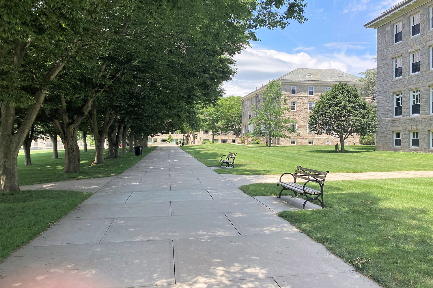 Impression des Campus der University of Rhode Island mit grünen Bäumen und Sitzbänken.