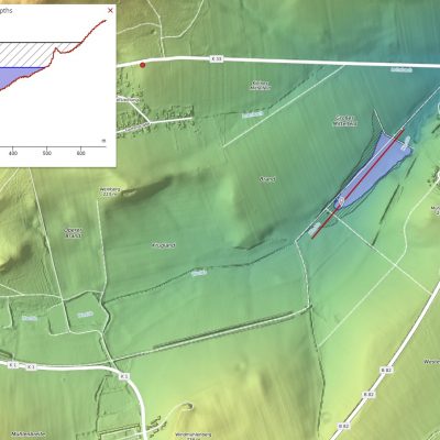 Digital planning and control of geometry of a retention basin in the Goslar area: Shown is the profile and volume of an area where flood waves can be stopped and mitigated to protect the village behind. Photo credit: SCALGO